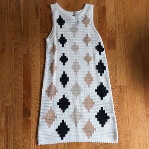 NIC+ZOE White Crochet Tank Dress with Black and Tan Diamond Motifs XS
